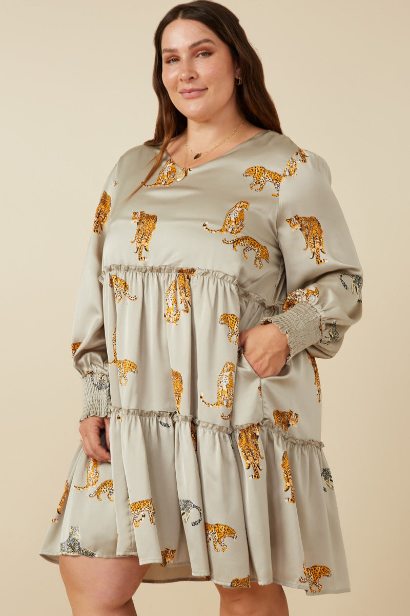 Leopard Printed Smocked Cuff V Neck Satin Dress