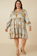 HY7767 Grey Womens Leopard Printed Smocked Cuff V Neck Satin Dress Side