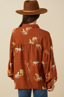 HY7768 Brown Womens Cheetah Print Dolman Sleeve Collared Top Detail