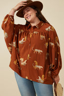 HY7768W Brown Plus Cheetah Print Dolman Sleeve Collared Top Front