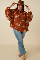 HY7768 Brown Womens Cheetah Print Dolman Sleeve Collared Top Front 2