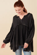 HY7769W Magenta Plus Washed Raw Edge Puff Sleeve Peplum Top Front