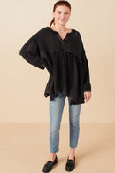 HY7769 Magenta Womens Washed Raw Edge Puff Sleeve Peplum Top Gif