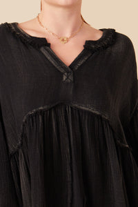 HY7769 Magenta Womens Washed Raw Edge Puff Sleeve Peplum Top Full Body