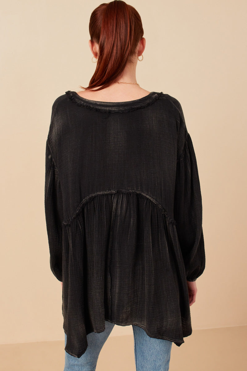 HY7769W Magenta Plus Washed Raw Edge Puff Sleeve Peplum Top Gif