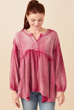 HY7769 Black Womens Washed Raw Edge Puff Sleeve Peplum Top Full Body