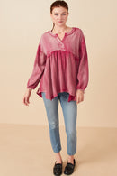 HY7769 Black Womens Washed Raw Edge Puff Sleeve Peplum Top Detail