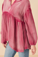 HY7769 Black Womens Washed Raw Edge Puff Sleeve Peplum Top Back