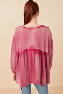 HY7769 Olive Womens Washed Raw Edge Puff Sleeve Peplum Top Front