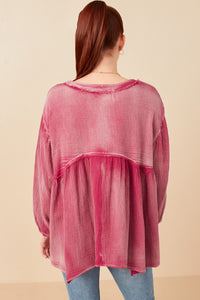 HY7769 Olive Womens Washed Raw Edge Puff Sleeve Peplum Top Front