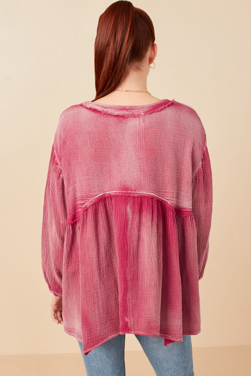 HY7769 Olive Womens Washed Raw Edge Puff Sleeve Peplum Top Front