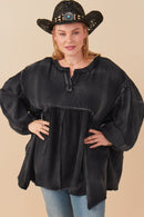 HY7769 Magenta Womens Washed Raw Edge Puff Sleeve Peplum Top Front