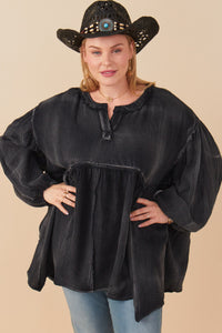 HY7769 Magenta Womens Washed Raw Edge Puff Sleeve Peplum Top Front