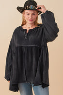 HY7769W Magenta Plus Washed Raw Edge Puff Sleeve Peplum Top Side