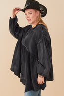 HY7769W Magenta Plus Washed Raw Edge Puff Sleeve Peplum Top Back