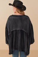 HY7769 Black Womens Washed Raw Edge Puff Sleeve Peplum Top Front