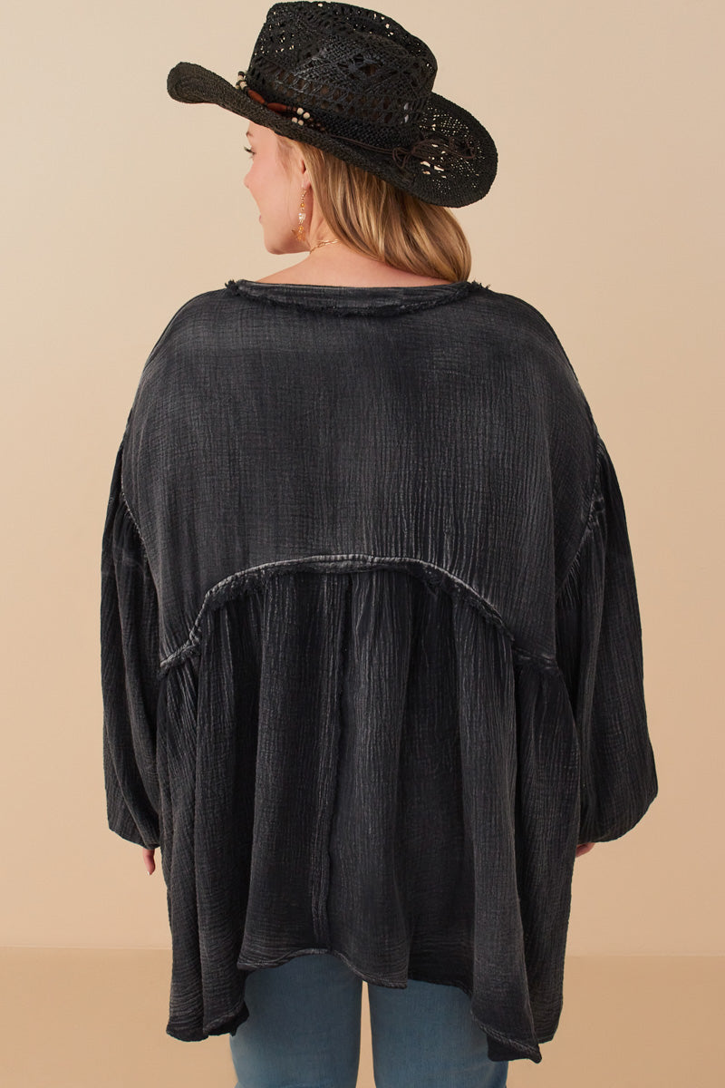 HY7769 Black Womens Washed Raw Edge Puff Sleeve Peplum Top Front