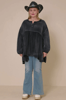 HY7769W Magenta Plus Washed Raw Edge Puff Sleeve Peplum Top Full Body