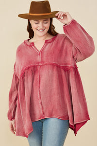 HY7769 Black Womens Washed Raw Edge Puff Sleeve Peplum Top Gif