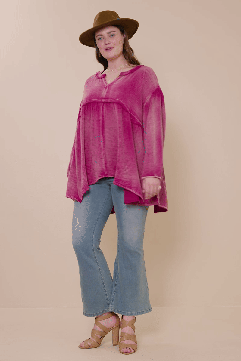 HY7769 Olive Womens Washed Raw Edge Puff Sleeve Peplum Top Gif