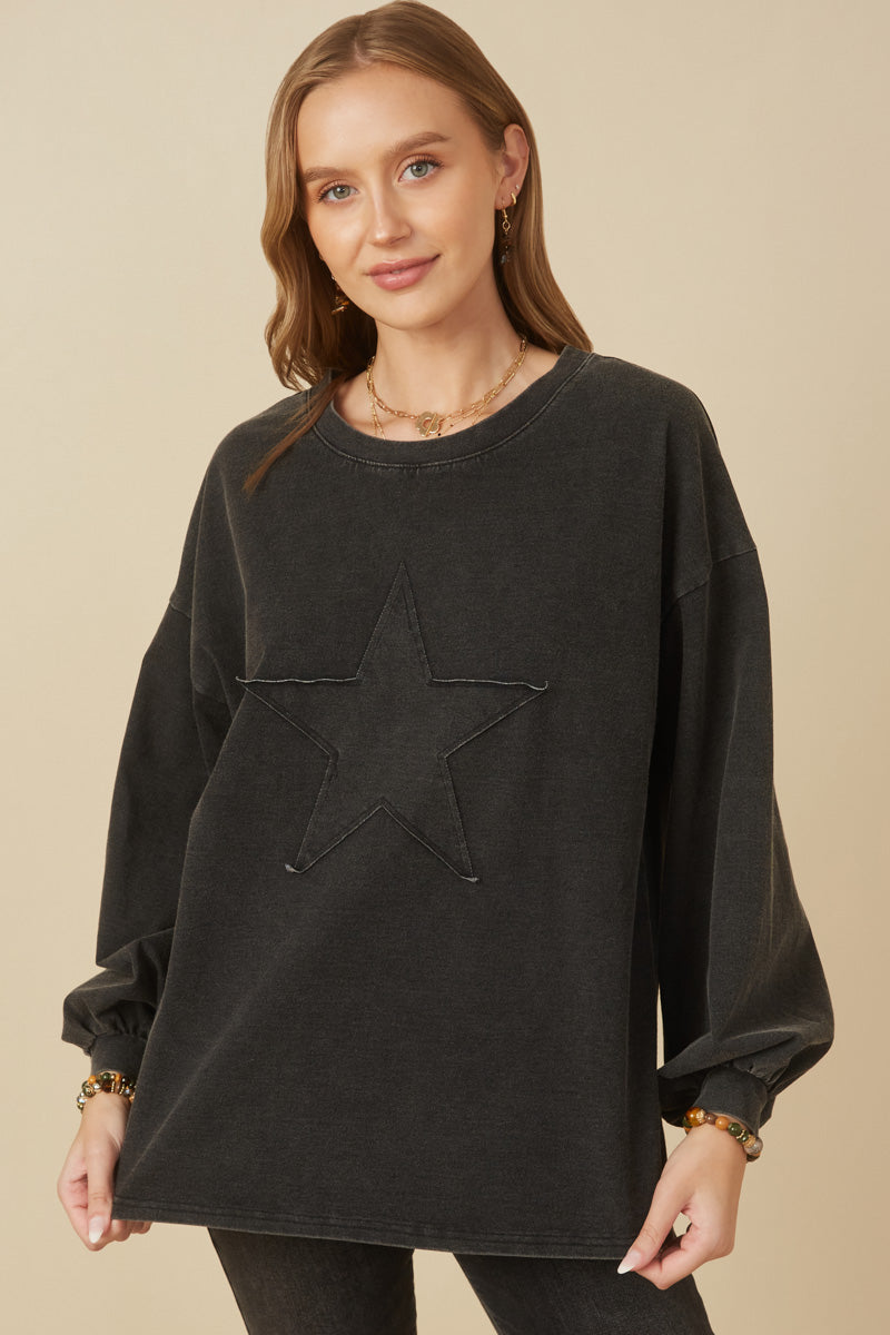 HY7776 Camel Womens Tonal Star Patch Washed Sweatshirt Side