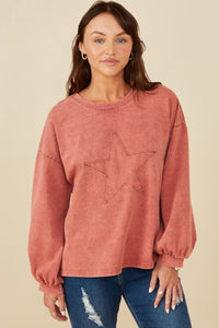 HY7776W Red Plus Tonal Star Patch Washed Sweatshirt Gif