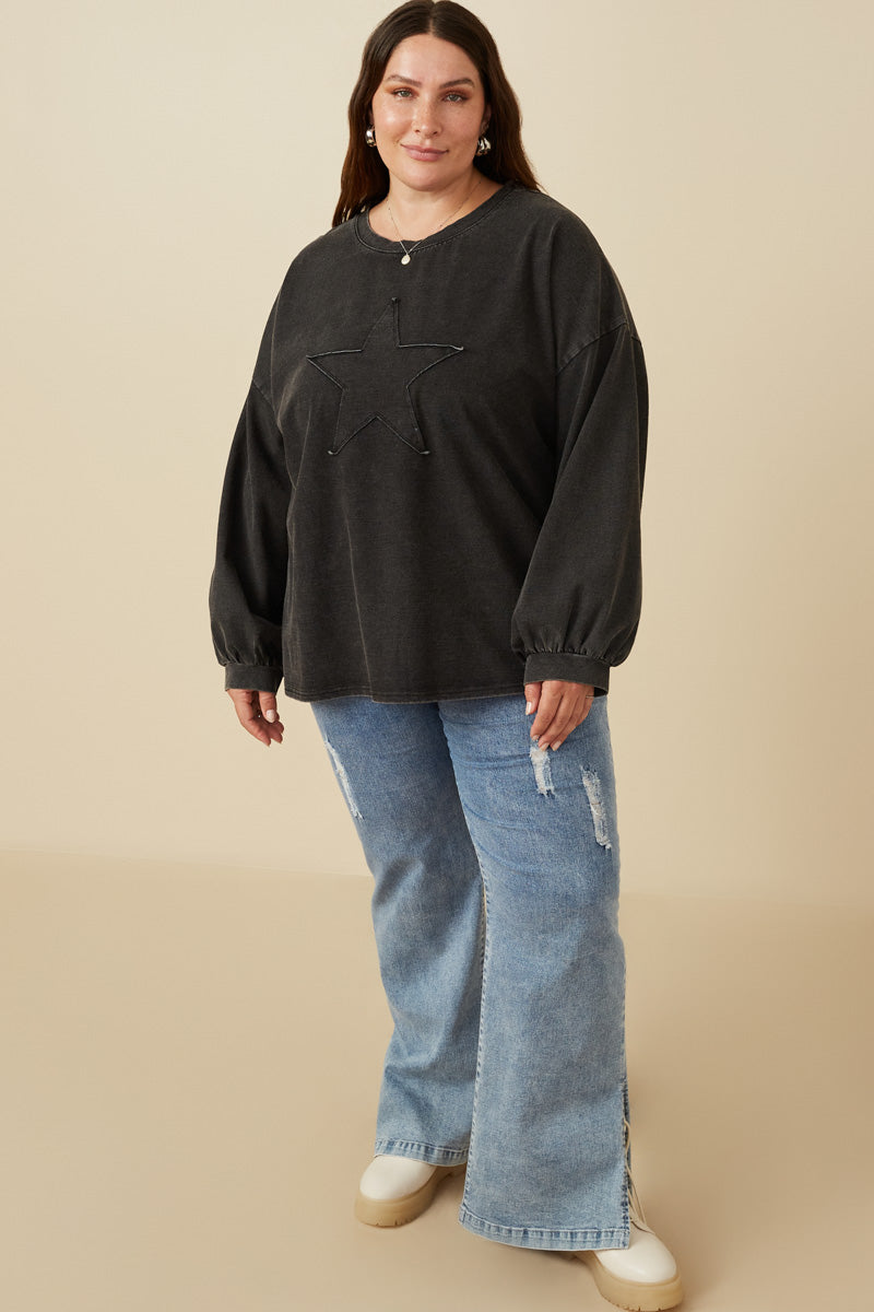 HY7776W Red Plus Tonal Star Patch Washed Sweatshirt Front