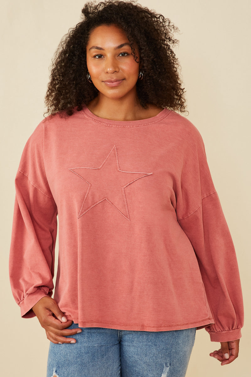 HY7776W Red Plus Tonal Star Patch Washed Sweatshirt Full Body