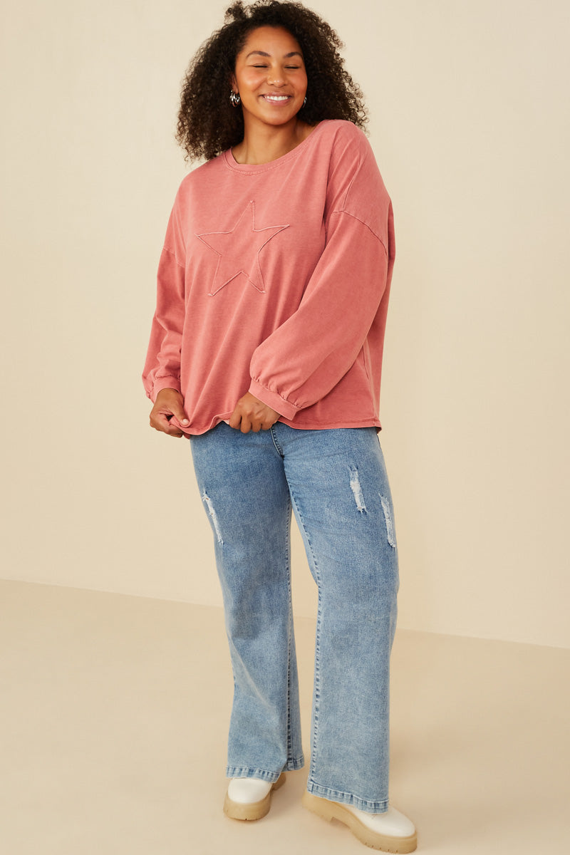 HY7776 Black Womens Tonal Star Patch Washed Sweatshirt Full Body