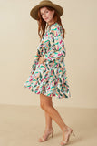 HY7802W Magenta Mix Plus Abstract Floral Tiered Ruffle Neck Satin Dress Side