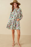 Abstract Floral Tiered Ruffle Neck Satin Dress