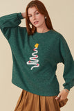 HY7813W Green Plus Handknit Pop Up Christmas Tree Marled Ribbed Knit Top Front