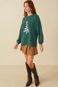HY7813W Green Plus Handknit Pop Up Christmas Tree Marled Ribbed Knit Top Full Body