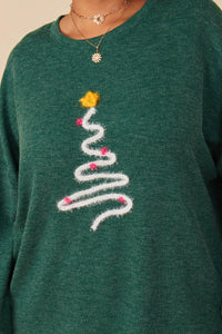 HY7813W Green Plus Handknit Pop Up Christmas Tree Marled Ribbed Knit Top Full Body 2