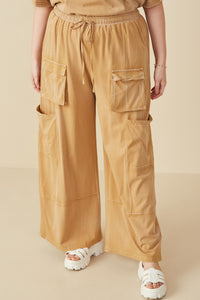 HY7814W Pink Plus Washed Cargo Pocket Detail Wide Leg Knit Pants Side