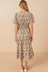 HY7838 Taupe Womens Botanical Print Cinch Waist Tiered Dress Side