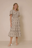 HY7838 Taupe Womens Botanical Print Cinch Waist Tiered Dress Front