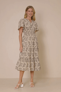 HY7838 Taupe Womens Botanical Print Cinch Waist Tiered Dress Front