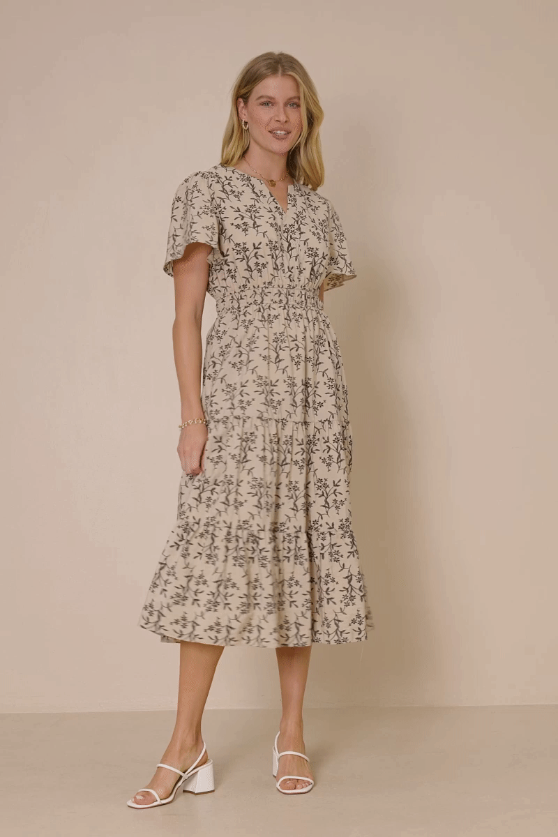 Botanical Print Cinch Waist Tiered Dress