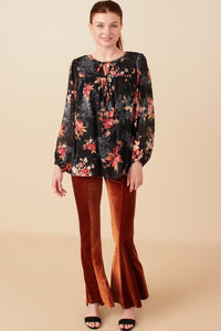 HY7845 Black Womens Burnout Textured Botanical Tie Gif Top Gif