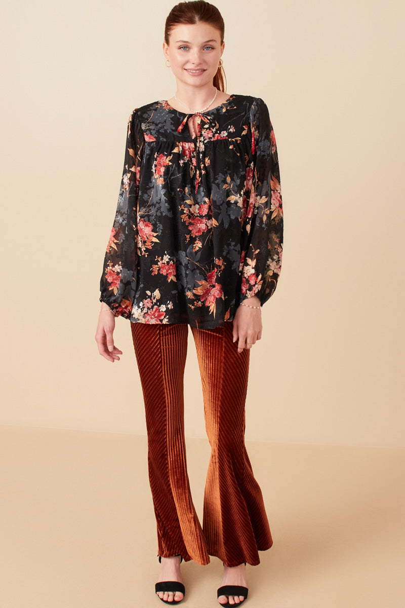 HY7845 Black Womens Burnout Textured Botanical Tie Gif Top Gif