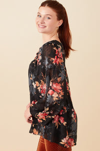 HY7845 Black Womens Burnout Textured Botanical Tie Front Top Full Body