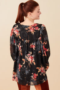 HY7845 Black Womens Burnout Textured Botanical Tie Front Top Side