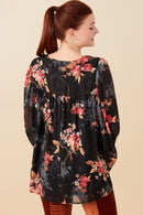 HY7845 Black Womens Burnout Textured Botanical Tie Front Top Side