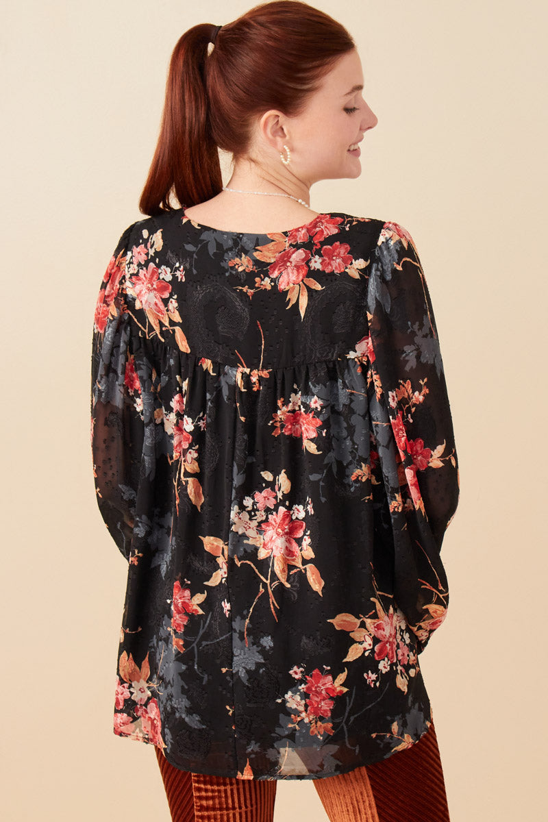 HY7845 Black Womens Burnout Textured Botanical Tie Front Top Side