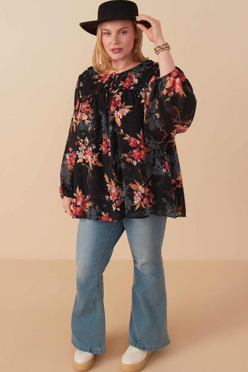 Burnout Textured Botanical Tie Front Top