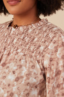 HY7871W Taupe Plus Floral Smocked Yoke Long Sleeve Top Front 2