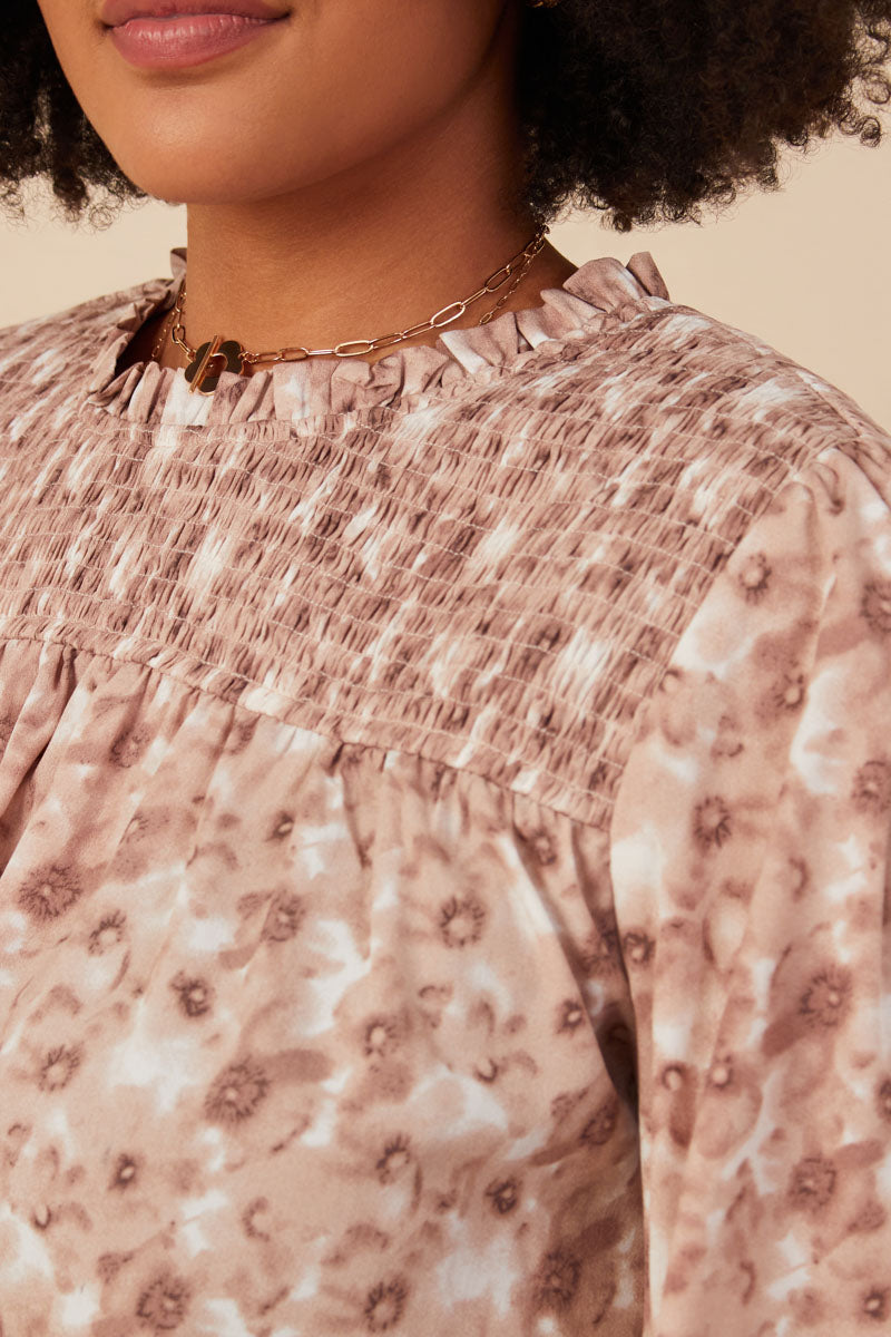 HY7871W Taupe Plus Floral Smocked Yoke Long Sleeve Top Front 2