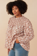 HY7871W Taupe Plus Floral Smocked Yoke Long Sleeve Top Back