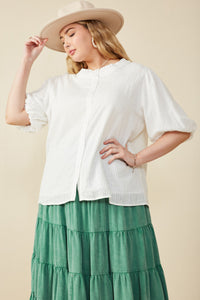 HY7898 Off White Womens Embroidery Textured Puff Sleeve Blouse Front